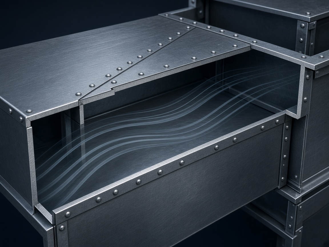 Steel duct cutaway with abstract airflow ribbons