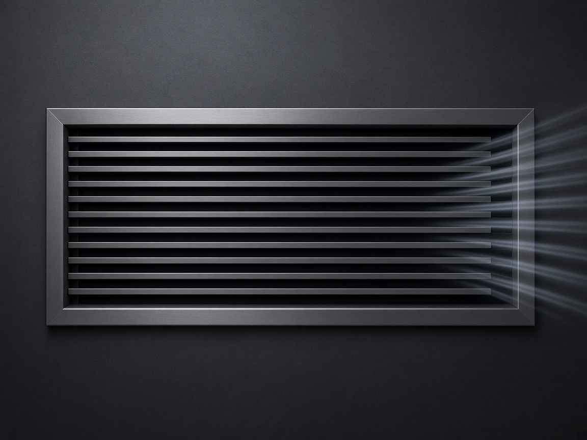 Steel register grille with abstract airflow streaks